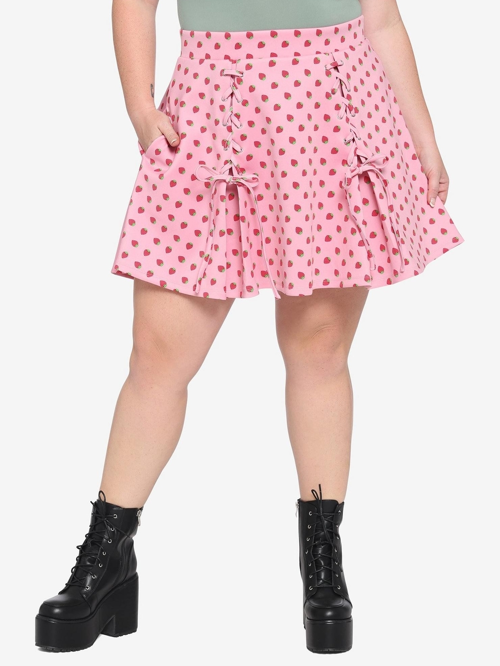 Hot Topic Pink Strawberry Print Skater Skirt with Lace-Up Bows
